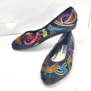 New vintage Radical Fully Beaded & Sequined Flats Sz 7 Holiday Party Low Wedge